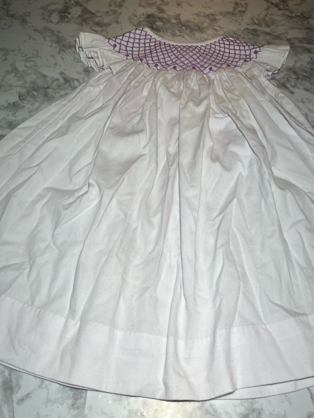 Classic White Smocked Kids Dress with Purple Accents